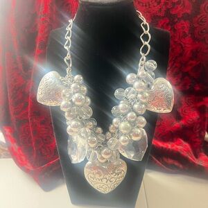 Statement Necklace Silver tone chains Heart Charm Necklace cluster beads